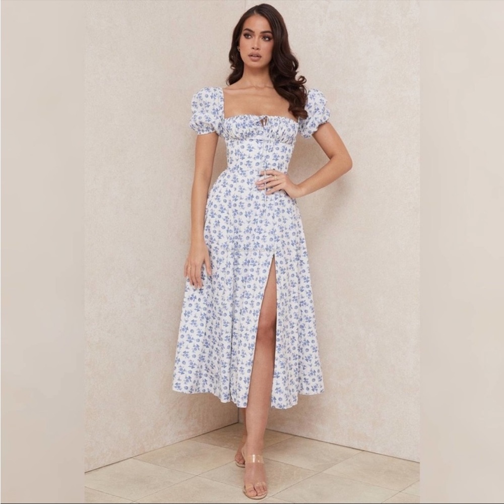 House of CB ‘Tallulah’ Blue & White Floral Puff Sleeve Bustier Dress NWOT - Picture 9 of 13